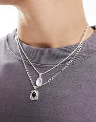 2 pack necklace set with molten pendants with black stone in silver tone