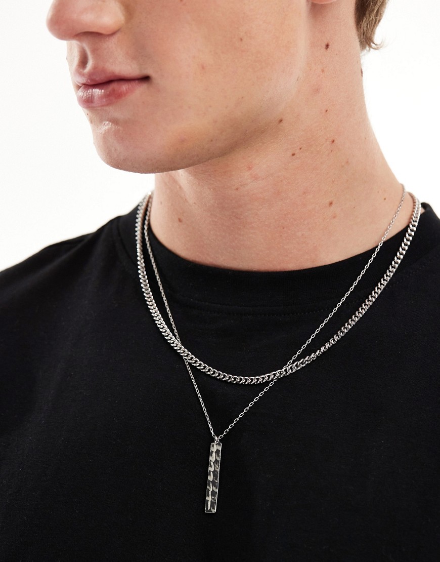 Asos Design 2-pack Necklace With Bar Pendant In Silver Tone In Metallic