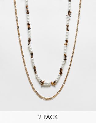 ASOS DESIGN 2 pack necklace with chain and pearl mix-Multi