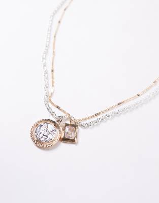 Asos Design 2 Pack Necklace With Coin And Crystal Pendant In Silver