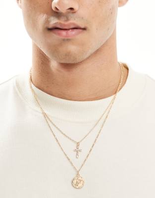 ASOS DESIGN ASOS DESIGN 2 pack necklace with cross and coin pendant in gold tone