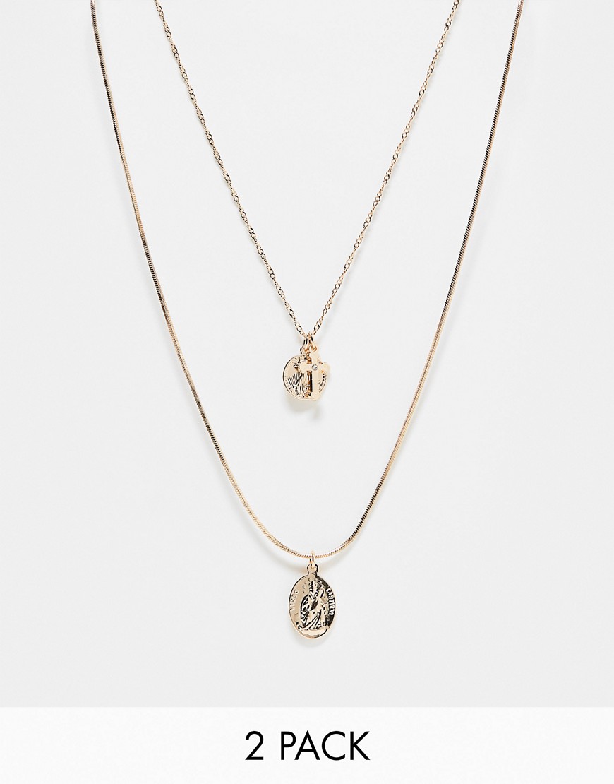 ASOS DESIGN 2 pack necklace with cross and st chris pendant in gold tone-Silver