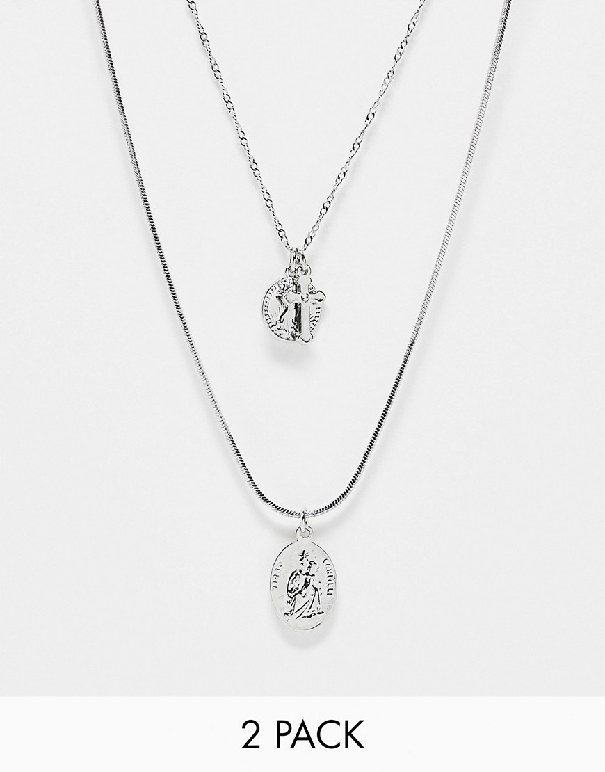 ASOS DESIGN 2 pack necklace with cross and st chris pendant in silver tone