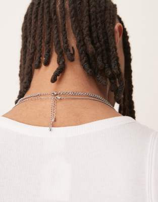 Asos Design 2 Pack Necklace With Molten Semi-precious Moss Agate Stone Pendant And Chain In Silver