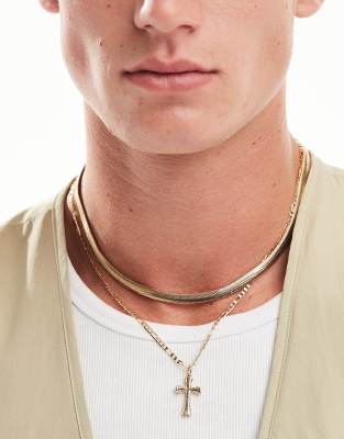 ASOS DESIGN ASOS DESIGN 2 pack necklace with snake chain and cross pendant in gold tone-Silver