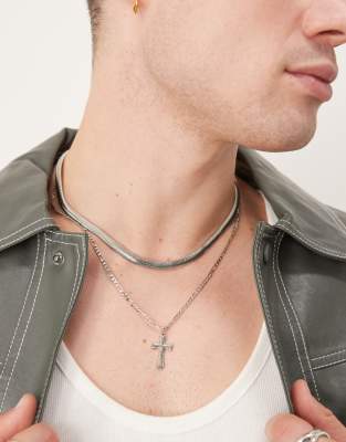 2 pack necklace with snake chain and cross pendant in silver tone