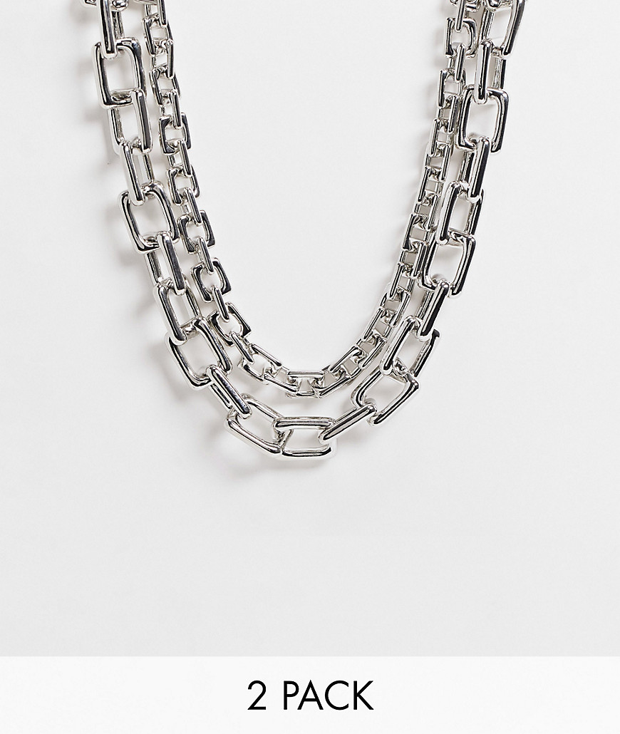 ASOS DESIGN 2-pack necklaces in square link chain in silver tone