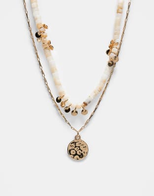 Asos Design 2-pack Necklaces With Bead And Disc Detail In Metallic