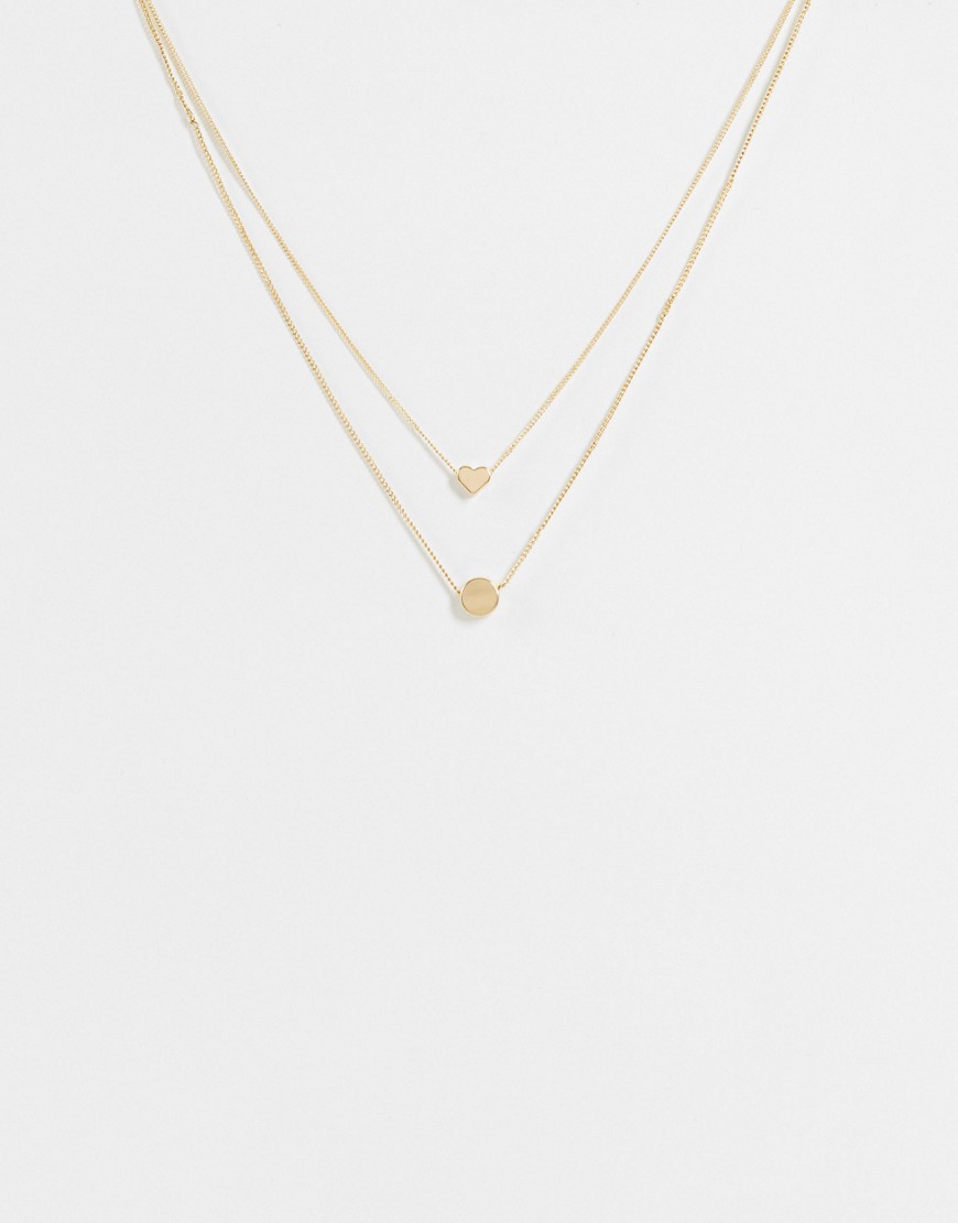 ASOS DESIGN 2-pack necklaces with heart and disc in gold tone