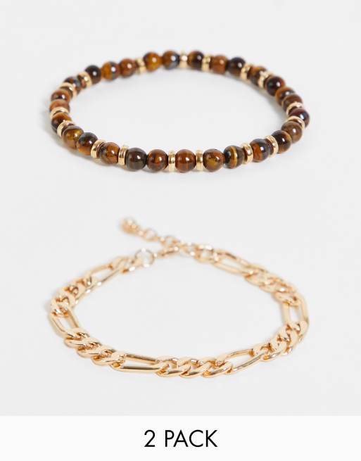 ASOS DESIGN 2 pack of bracelets with tiger's eye beads and gold-tone figaro chain