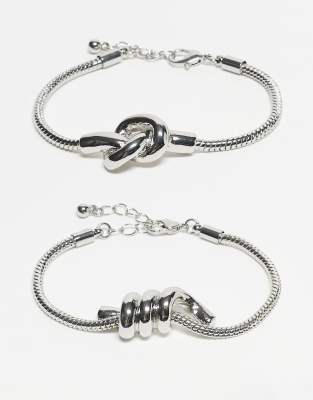 Asos Design 2 Pack Of Chain Bracelets With Chunky Knot Design In Silver
