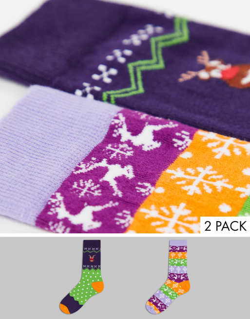 ASOS DESIGN 2 pack of Christmas Fair Isle ankle socks with reindeer design