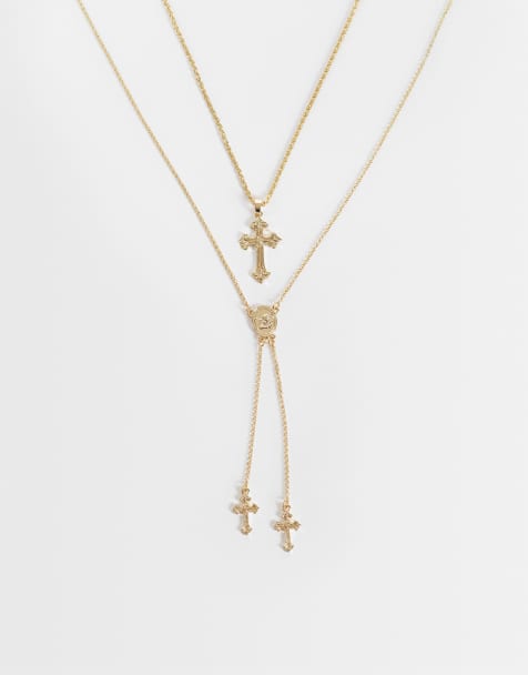 ASOS DESIGN 2 pack of cupid and cross double chain pendant necklaces in gold tone - view 1