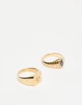 [ASOS DESIGN] ASOS DESIGN 2 pack of festival waterproof stainless steel crystal and black stone signet rings in gold tone M-L GOLD