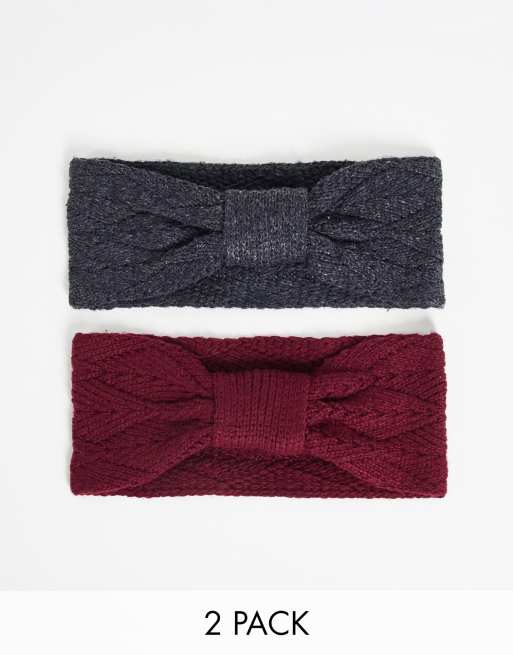 ASOS DESIGN 2 pack of polyester headbands in burgundy and charcoal - MULTI