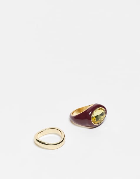 ASOS DESIGN 2 pack of rings including acrylic covered ring with coloured faux crystal in burgundy - view 1