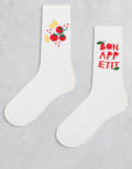 [ASOS DESIGN] ASOS DESIGN 2 pack of socks with food graphic on white 37-42 Ecru