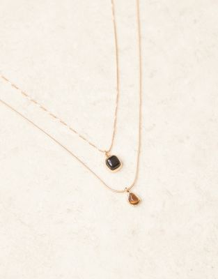 Asos Design 2-pack Onyx And Tigers Eye Pendant Necklaces