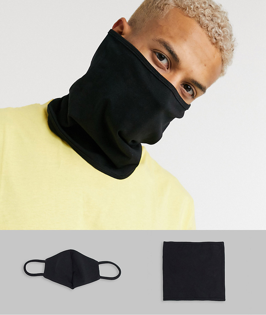 ASOS DESIGN 2 pack organic cotton infinity scarf and face covering in black jersey