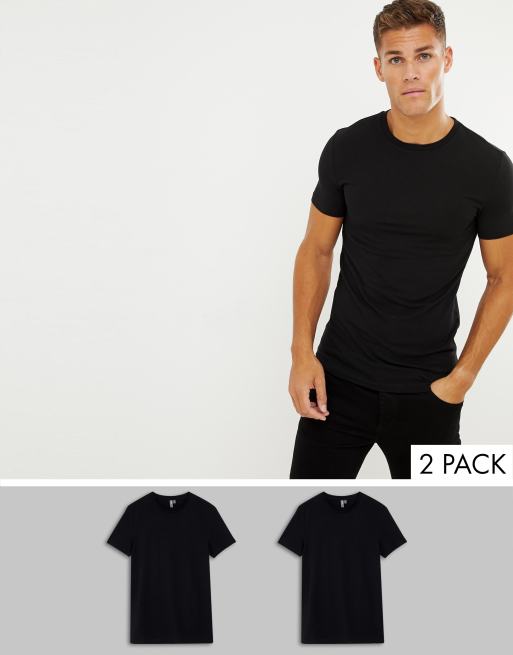 ASOS DESIGN 2 pack organic muscle fit crew neck tshirt in black save