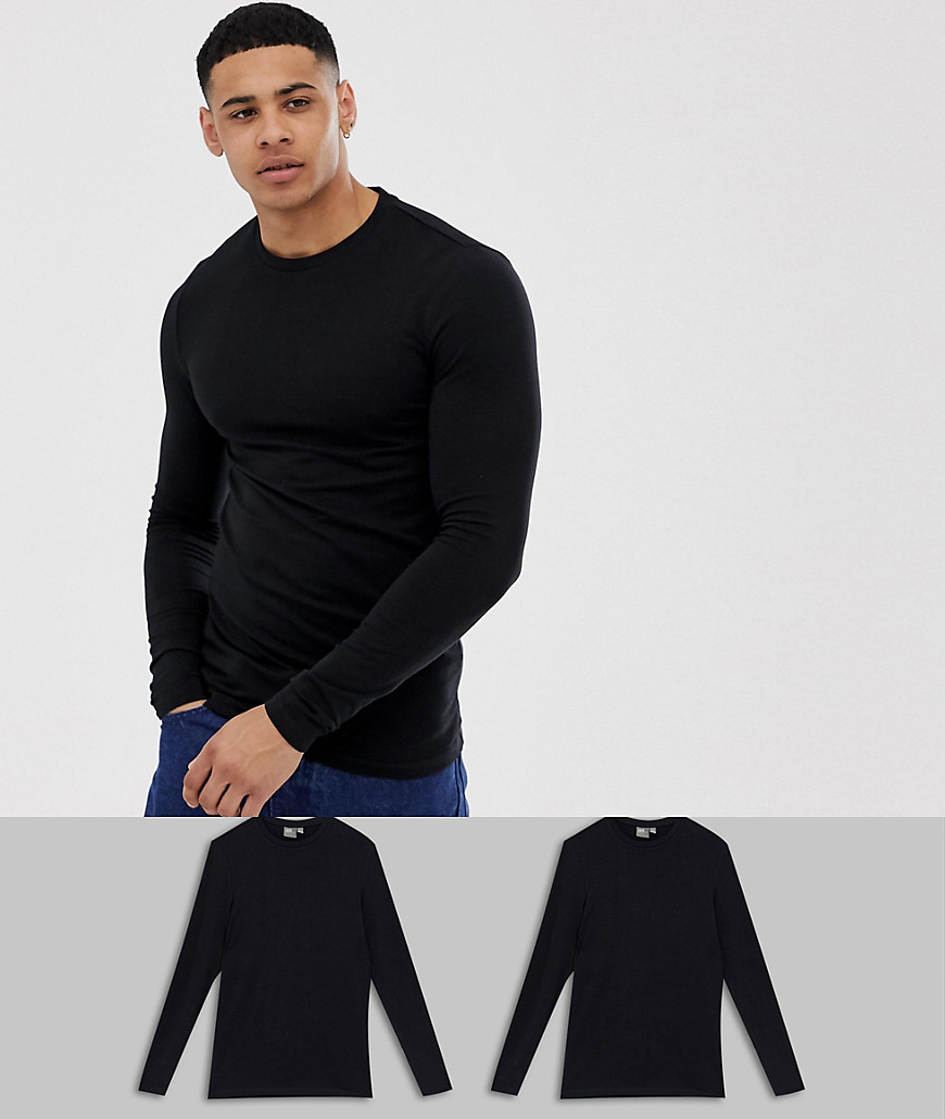 ASOS DESIGN 2 pack organic muscle fit long sleeve crew neck t-shirt save-Black