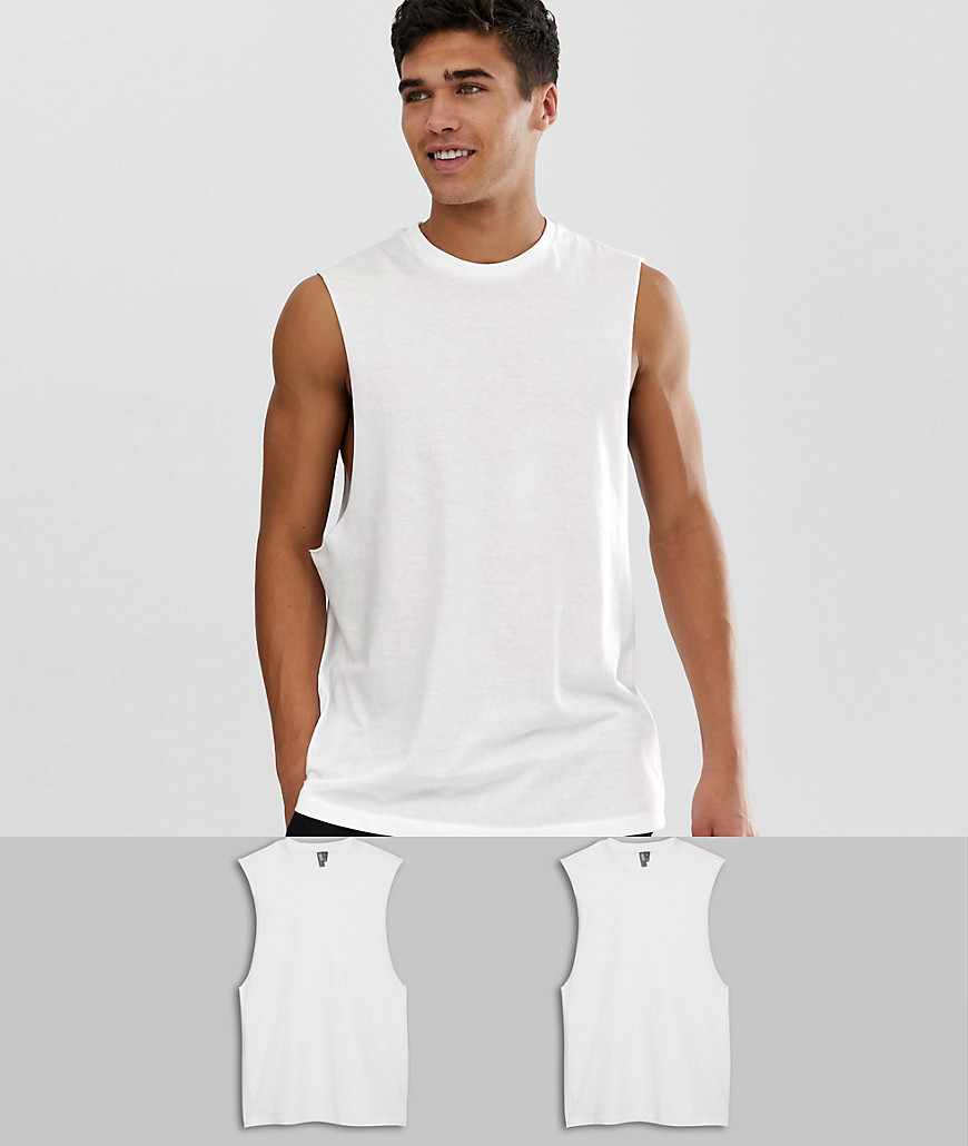 ASOS DESIGN 2 pack organic relaxed sleeveless t-shirt with dropped armhole save-White