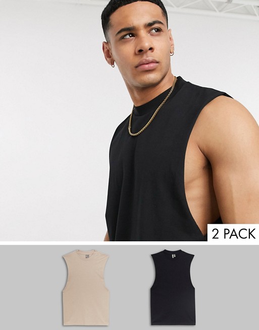 ASOS DESIGN 2 pack organic sleeveless t-shirt with dropped armhole