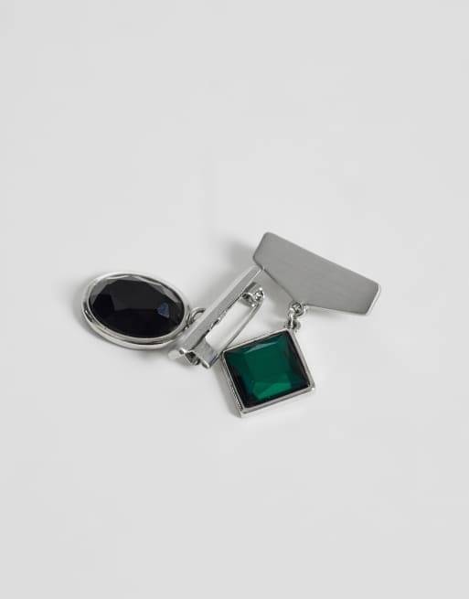 ASOS DESIGN 2 pack oval and diamond stone brooch in silver, 3 of 3
