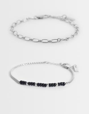 Asos Design 2 Pack Oval Link And Black Beaded Rope Chain Bracelet In Metallic