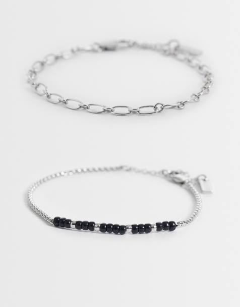 ASOS DESIGN 2 pack oval link and black beaded rope chain bracelet in silver tone - view 1