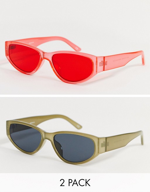 ASOS DESIGN rave 2 pack oval sunglasses in khaki crystal with smoke lens and red crystal colour
