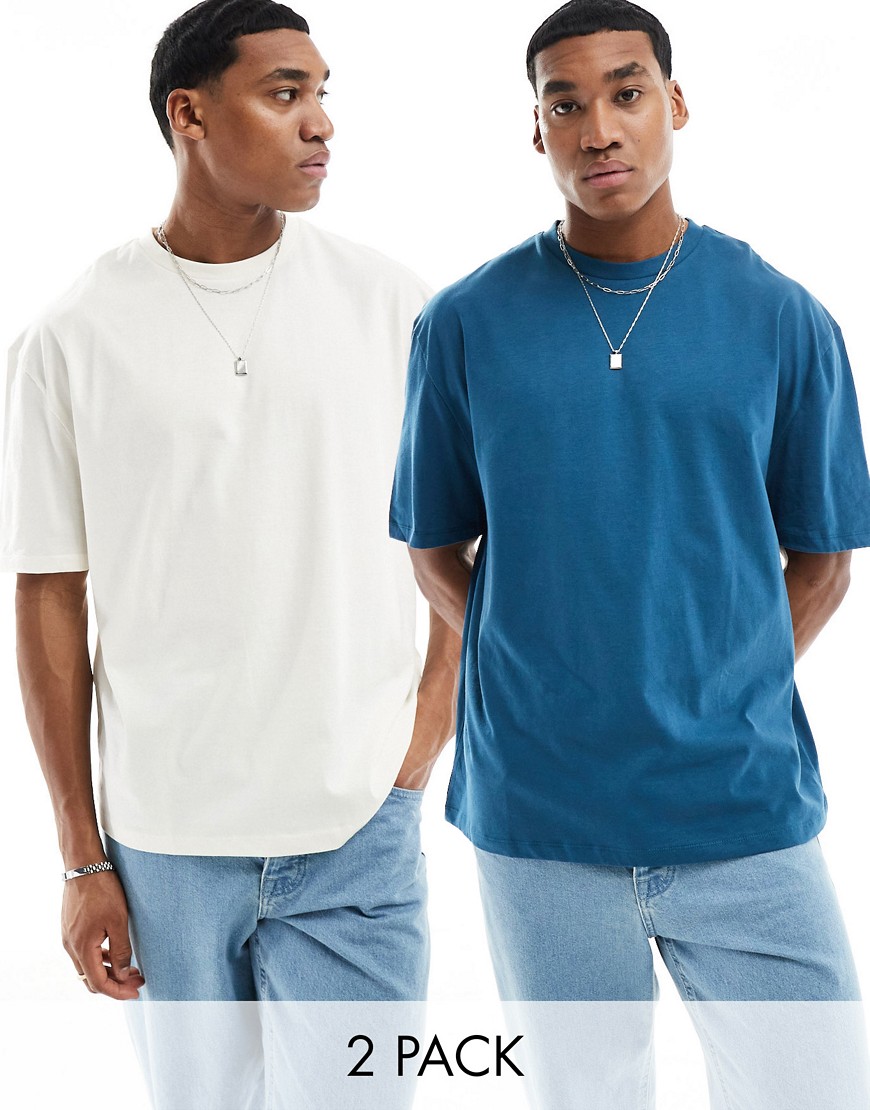 2 pack oversized fit t-shirt in blue and ecru-Multi