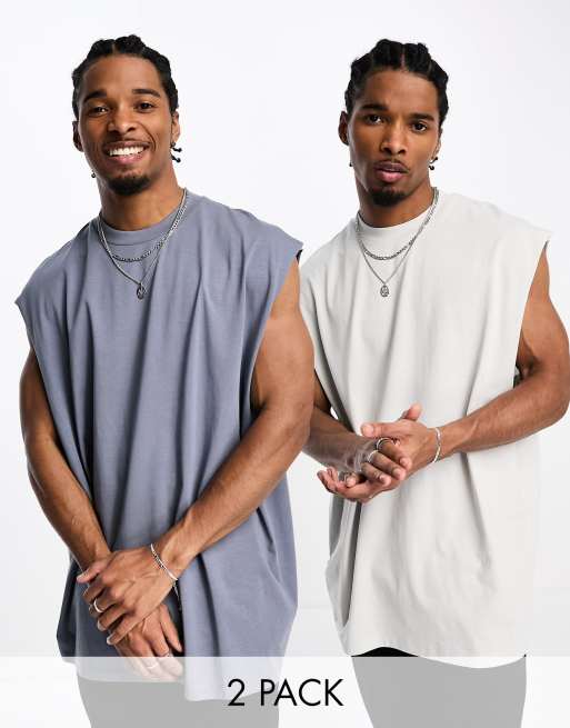 ASOS DESIGN 2 pack oversized singlet with dropped armholes in blue and stone 