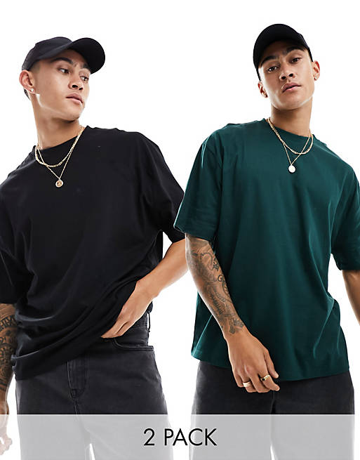 ASOS DESIGN 2 pack oversized t-shirt with crew neck in black and green ...