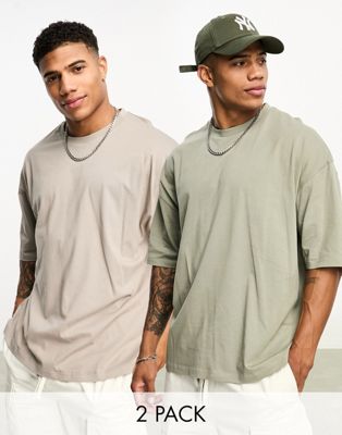 ASOS DESIGN 2 Pack oversized t-shirt with crew neck in khaki and beige