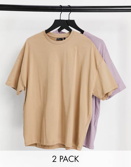 Asos Design 2 Pack Oversized T Shirt With Crew Neck In Tan And Purple