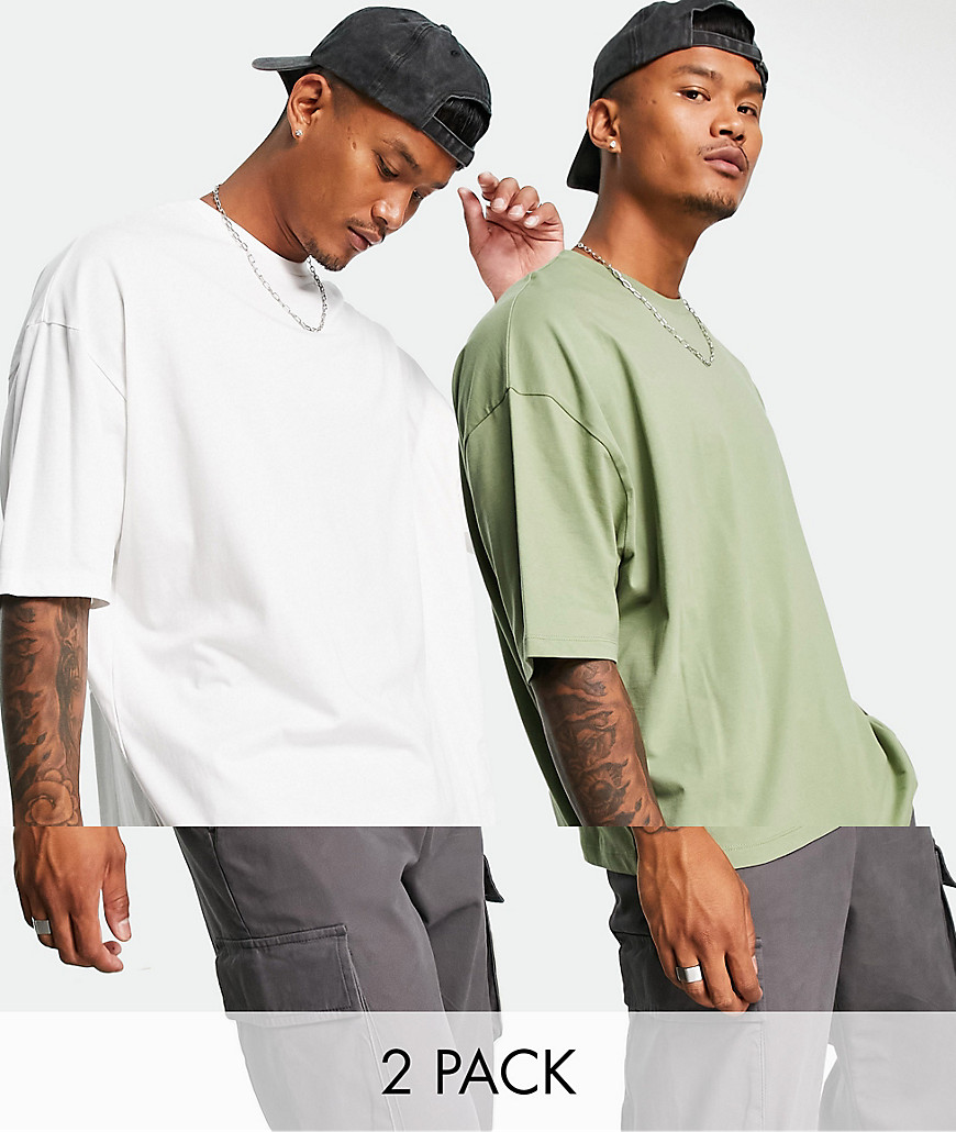 ASOS DESIGN 2 pack oversized t-shirt with crew neck in white and khaki-Multi