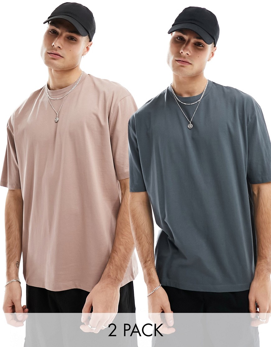ASOS DESIGN 2 pack oversized t-shirts in brown and charcoal-Multi