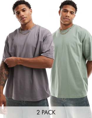 ASOS DESIGN 2 pack oversized t-shirts in brown and khaki-Multi φωτογραφία