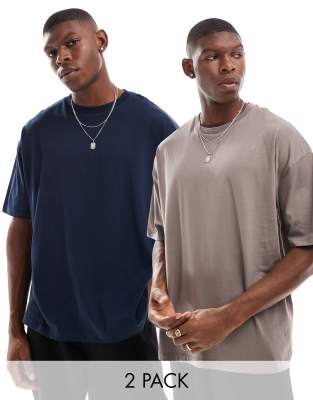 2 pack oversized t-shirts in brown and navy-Multi