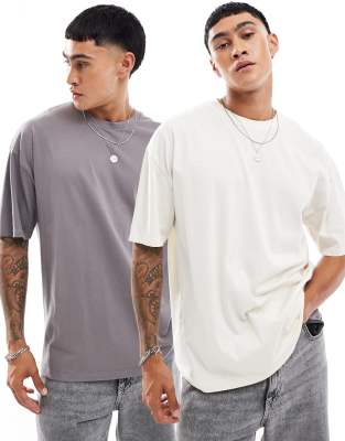 2 pack oversized T-shirts in cream and charcoal-Multi