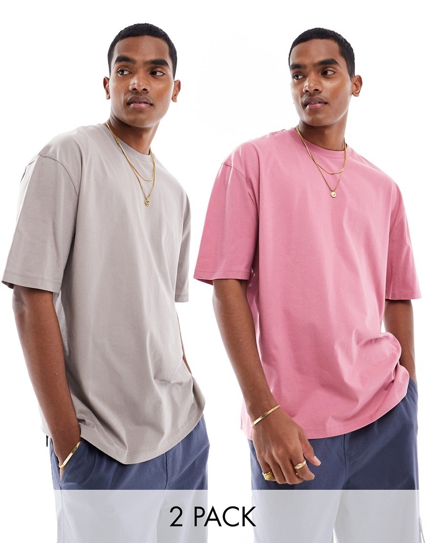 ASOS DESIGN 2 pack oversized t-shirts in dusty pink and brown-Multi