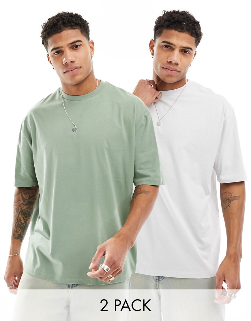 ASOS DESIGN 2 pack oversized t-shirts in grey and green-Multi