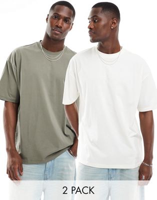 2 pack oversized T-shirts in khaki and cream-Multi