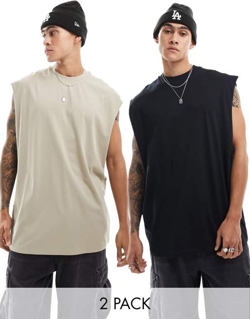 ASOS DESIGN 2 pack oversized tank in black and beige