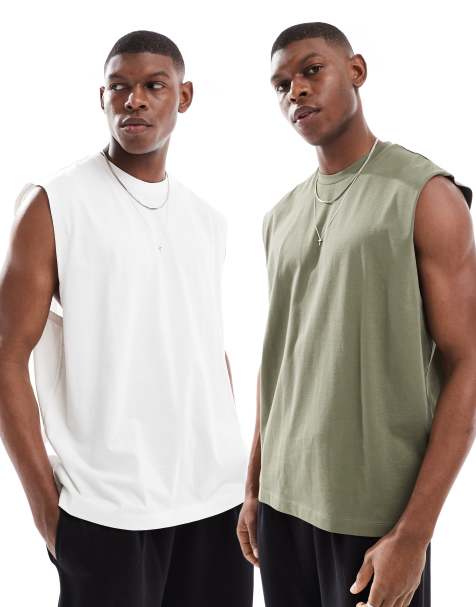 ASOS DESIGN 2 pack oversized tanks in cream and khaki - view 1