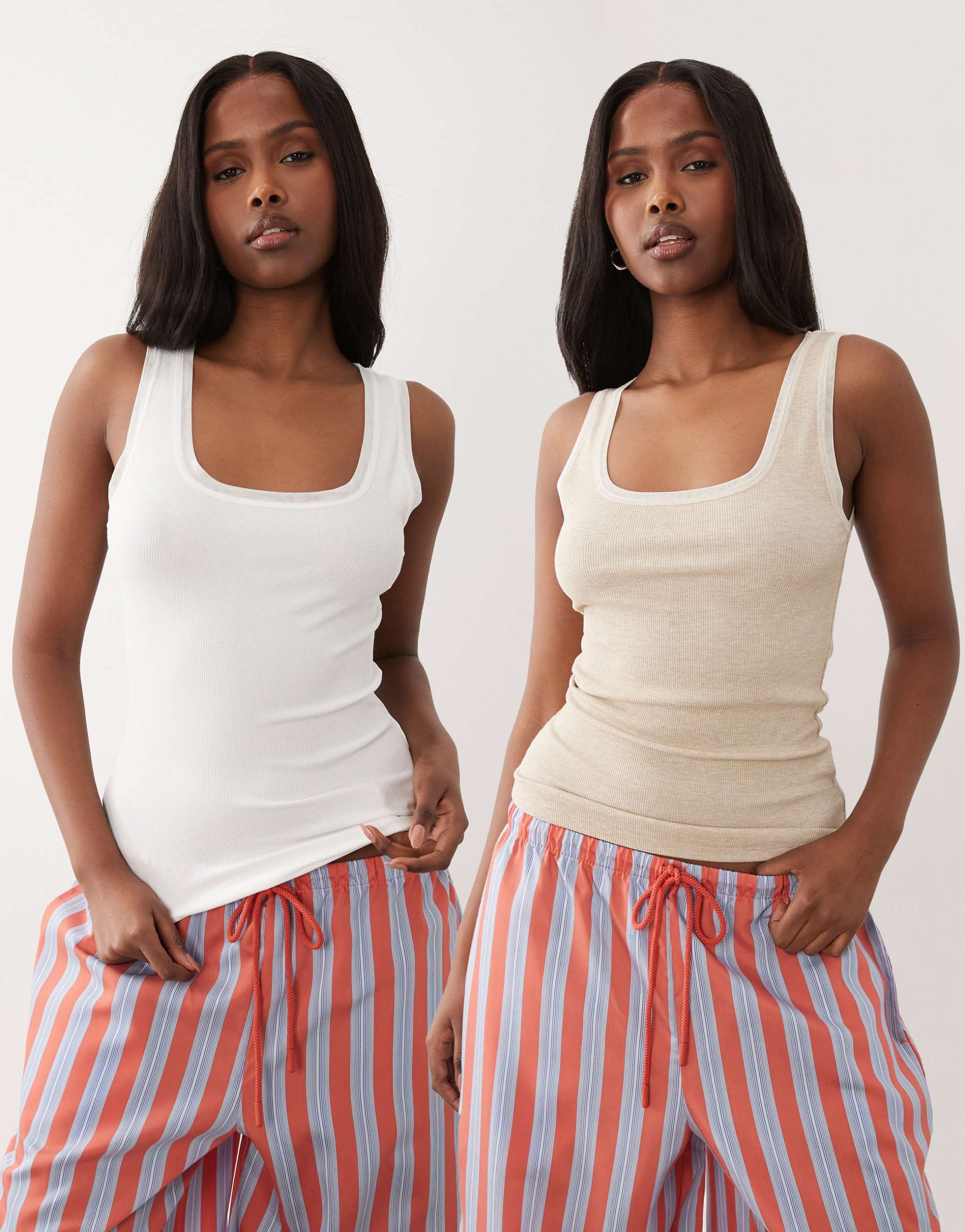 asos design 2 pack pajama tank tops with mesh trim in white & oatmeal