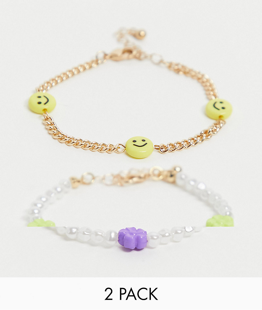 ASOS DESIGN 2-pack pearl and chain bracelets in gold tone