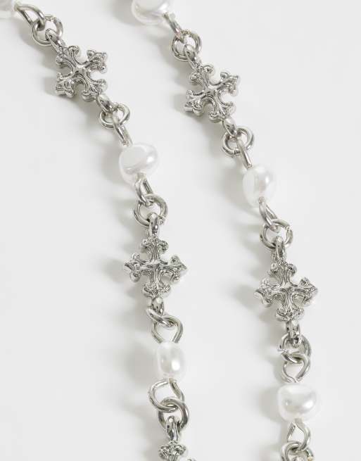 ASOS DESIGN 2 pack pearl and cross chain bracelet in silver, 3 of 3