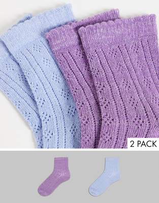 Asos Design 2 Pack Pelerine Ankle Socks With Scallop Edge In Blue And Purple Glitter-multi